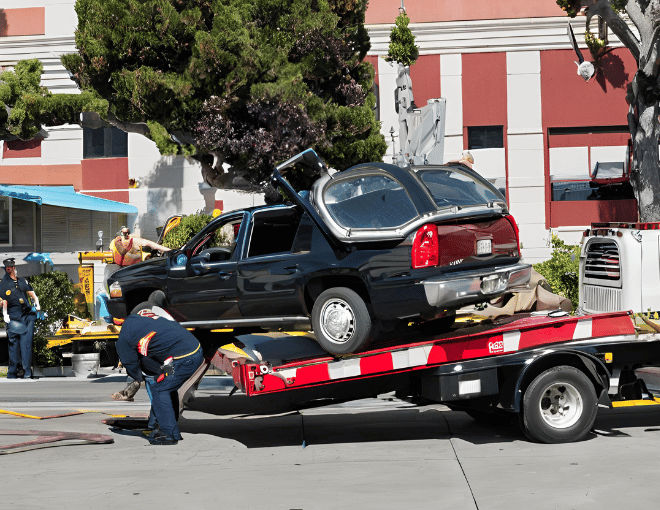 A San Jose tow truck removing a car; city council decisions affect regulations and operations visibly.