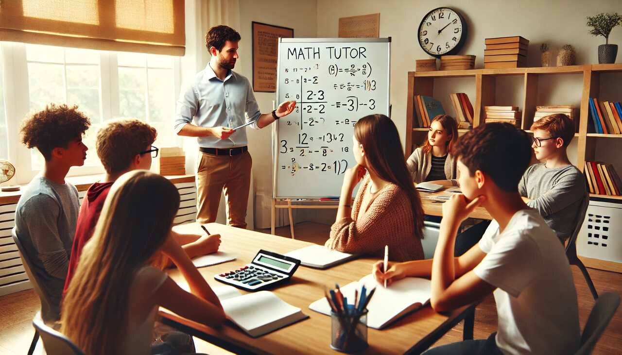 A math tutor explaining a concept on a whiteboard to engaged students.