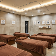 A serene and modern Korean wellness spa with natural elements like bamboo and wood, featuring various traditional and modern therapies. Subtle symbols of Korean health laws and regulations are interwoven into the design, with soft, ambient lighting.