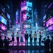 a group of formally dressed individuals, reminiscent of news anchors or political figures, are positioned on a stage surrounded by professional camera equipment, suggesting a news broadcast or political event.