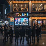 A group of politicians standing in front of a karaoke hub in Korea signifying the relationship between leisure and politics. 